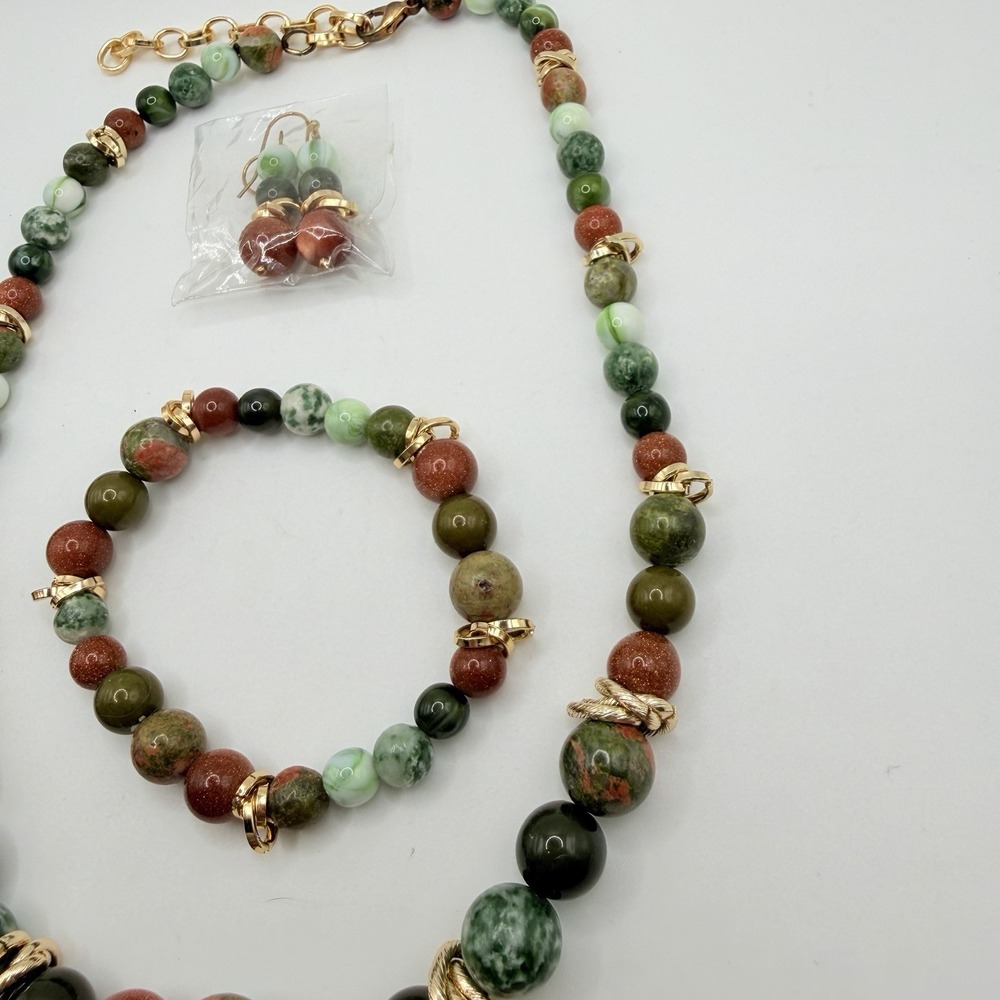 Necklace, Bracelet, Earring Jewelry Set of 3 Beads Green Brown Gold NEW Pierced - Picture 9 of 10
